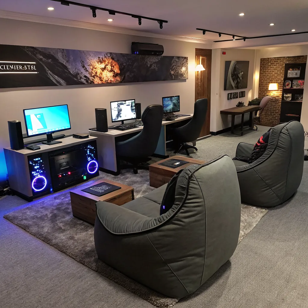 Lounge gamer con PCs y consolas modernas